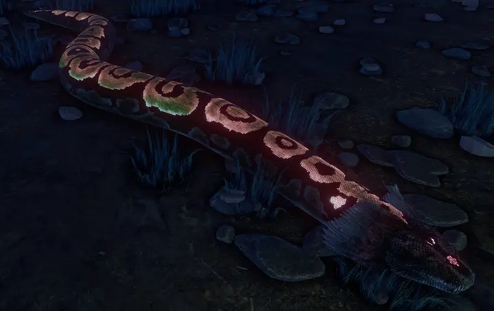 alt=An Aberrant Titanoboa has glowing dorsal patterning.|An Aberrant Titanoboa has glowing dorsal patterning.