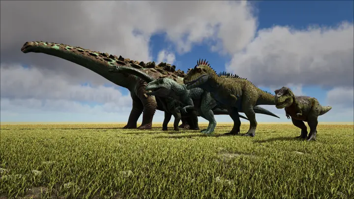 Size comparison with Rex, Giganotosaurus, Bronto and Titanosaur<br><small>''(It's similar size to Giganotosaurus, with Giganotosaurus|Giga being slightly taller than Carcha)''</small>