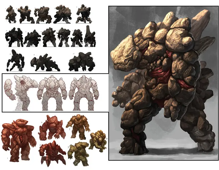 Concept art process of the Rock Golem
